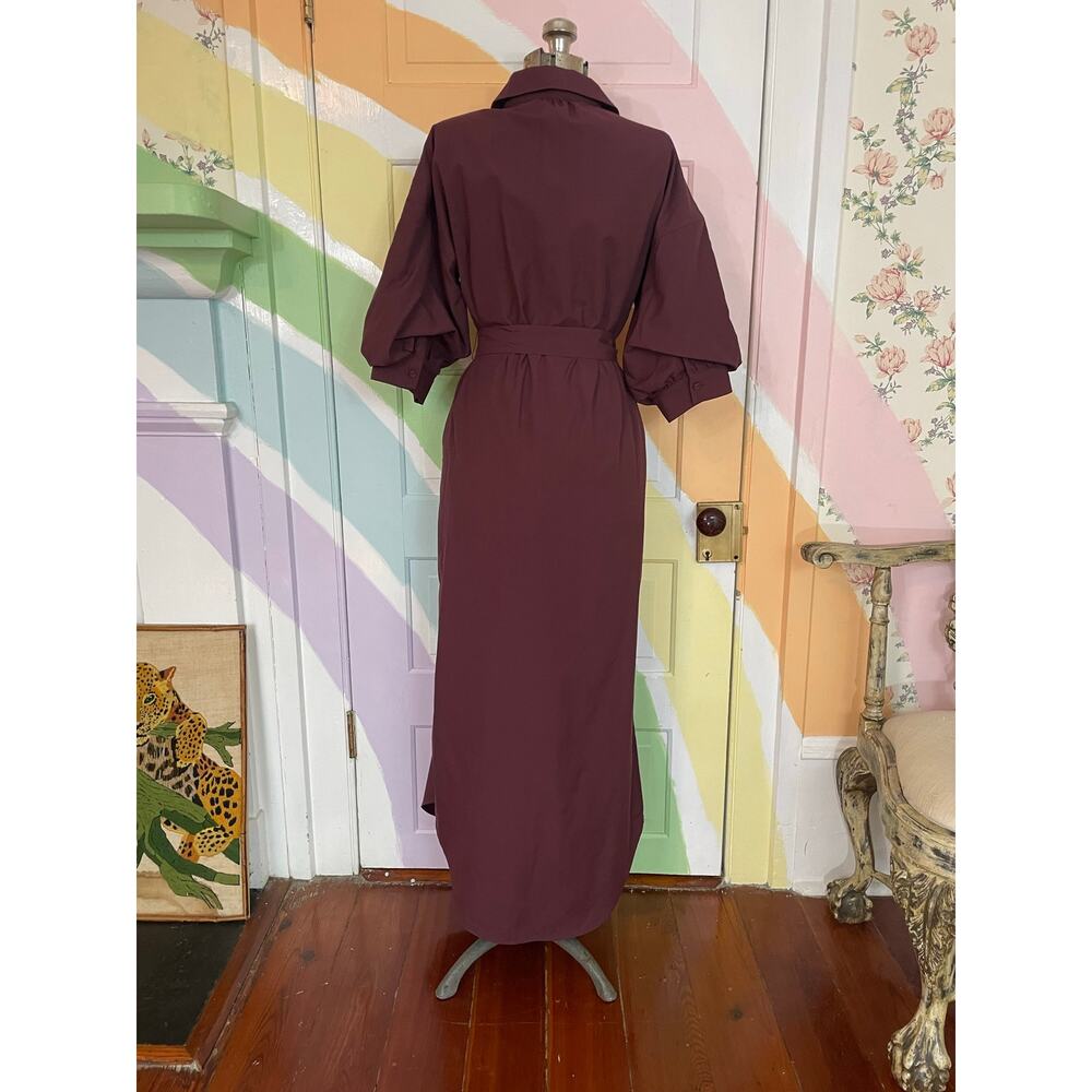 Brochu Walker XS Burgundy Maxi Shirt Dress Balloon Sleeve Belted Luxury - Picture 4 of 10